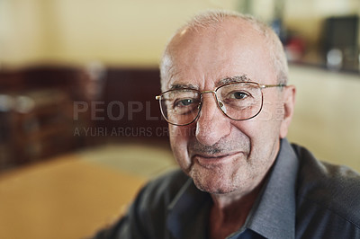 Buy stock photo Home, selfie and portrait of elderly man with happiness for pension plan payout for finance. Smile, glasses and senior male person with photography picture for excitement of retirement at house.