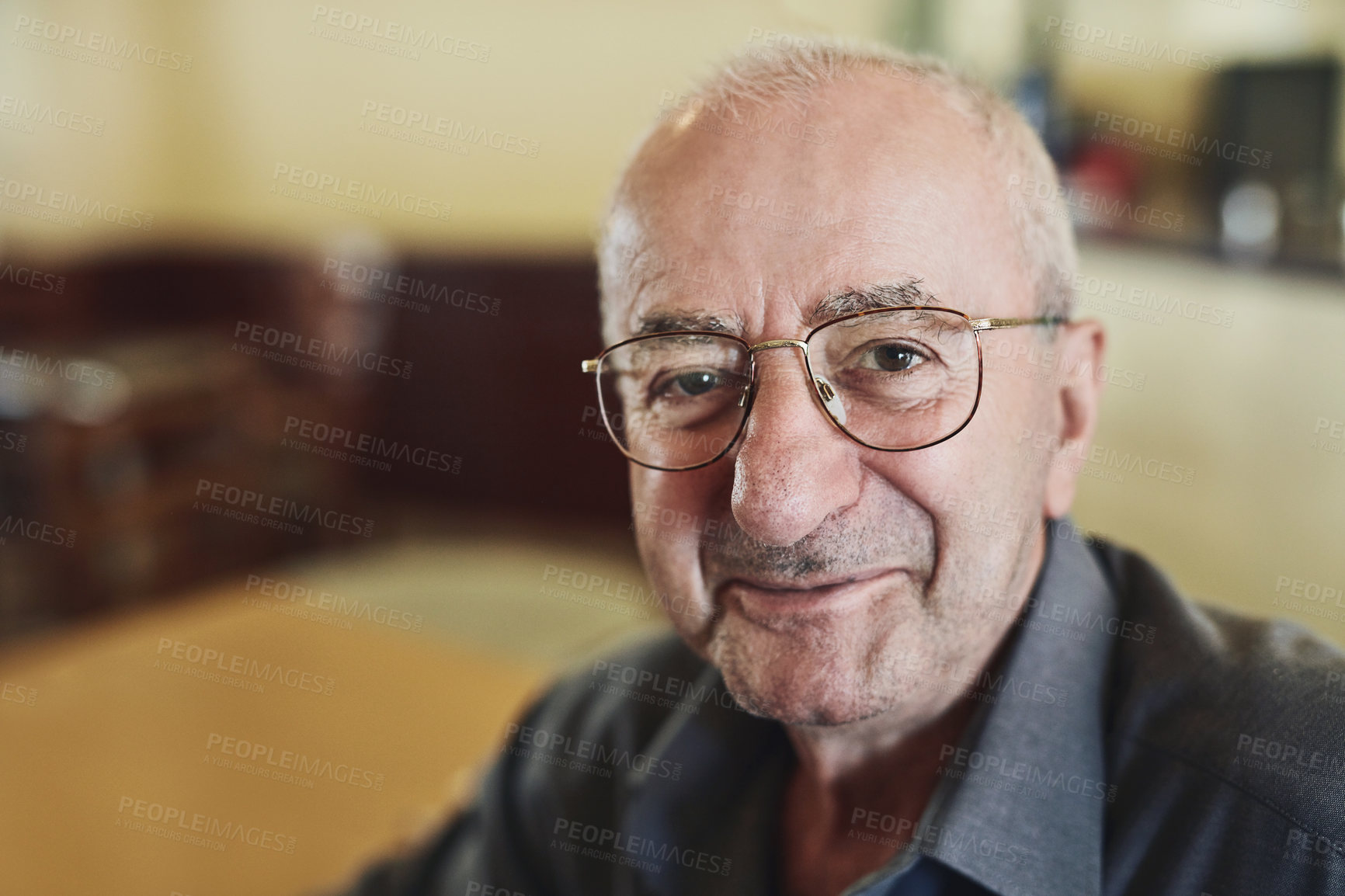 Buy stock photo Home, selfie and portrait of elderly man with happiness for pension plan payout for finance. Smile, glasses and senior male person with photography picture for excitement of retirement at house.