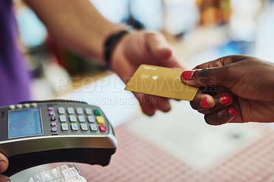 Buy stock photo Closeup, hands and payment with machine, credit card and retail with payment, transaction and shopping. Woman, customer and employee with sale, discount and buying with services, banking and profit