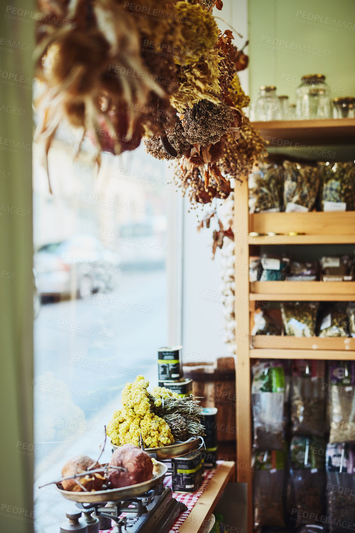 Buy stock photo Interior, herbal shop and traditional business with product, organic spices or natural plants for medicine. Building, room and local retail store window for grocery, sale or stock on shelf at startup