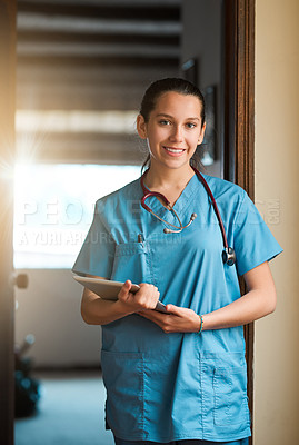 Buy stock photo Portrait, nurse and happy woman with tablet in clinic for research, telehealth and healthcare. Face, medical surgeon and digital technology for hospital service, results and online report in Spain