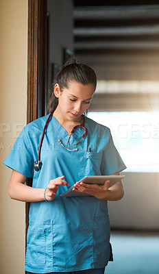 Buy stock photo Research, nurse and woman with tablet for telehealth, information or healthcare email in clinic. Doctor, medical surgeon and digital technology for hospital service, results and reading online report