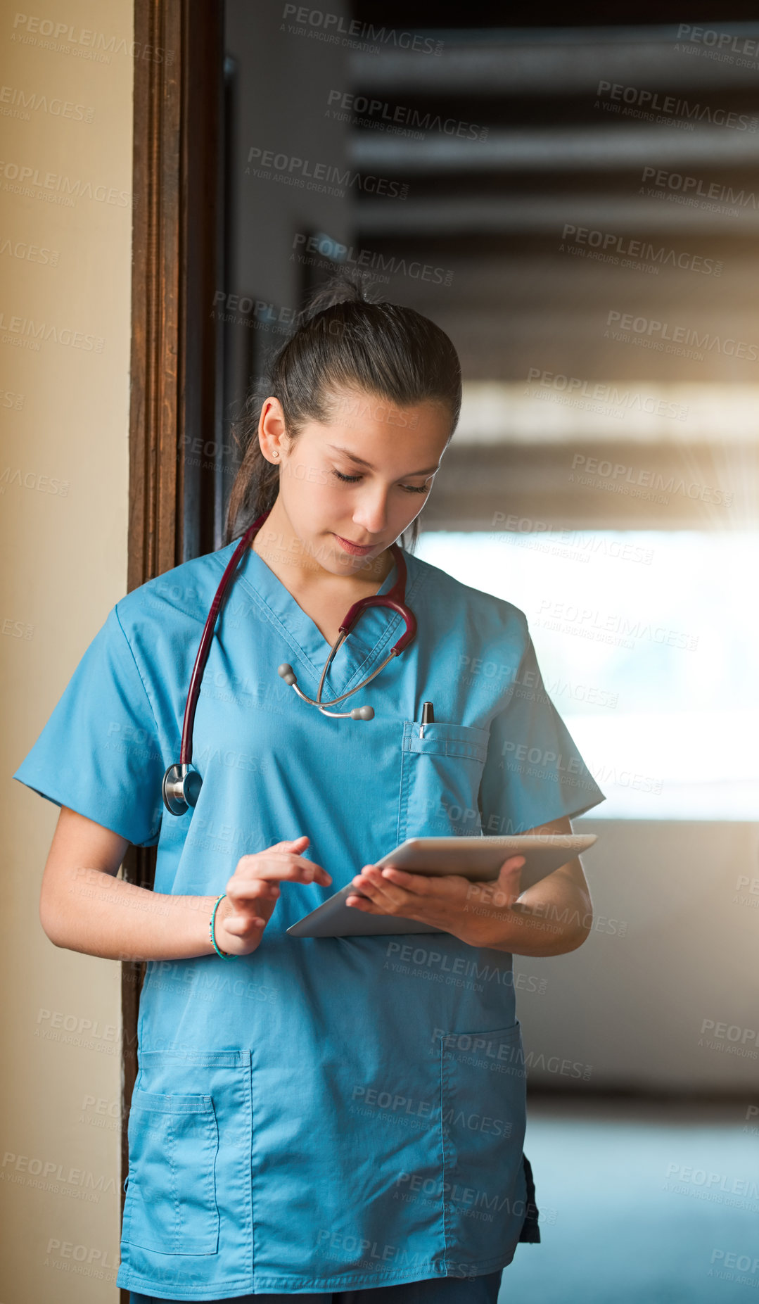 Buy stock photo Research, nurse and woman with tablet for telehealth, information or healthcare email in clinic. Doctor, medical surgeon and digital technology for hospital service, results and reading online report