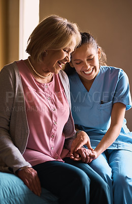 Buy stock photo Nurse, old woman and holding hands for support, smile and healthcare advice with hope, love and empathy. Caregiver, pensioner and patient with consultation, home and comfort with trust and wellness