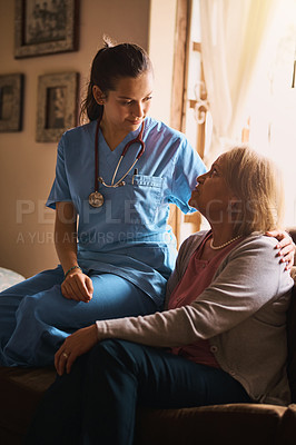 Buy stock photo Elderly person, nurse and support with empathy at nursing home for medical, healthcare and love. Senior woman, caregiver and help at retirement facility for advice, wellness and care with kindness