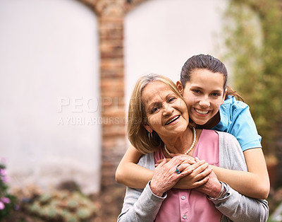 Buy stock photo Love, hug and portrait with nurse and old woman in garden for caregiver, occupational therapy and patient. Helping others, volunteer and healthcare with people in retirement home for medicine