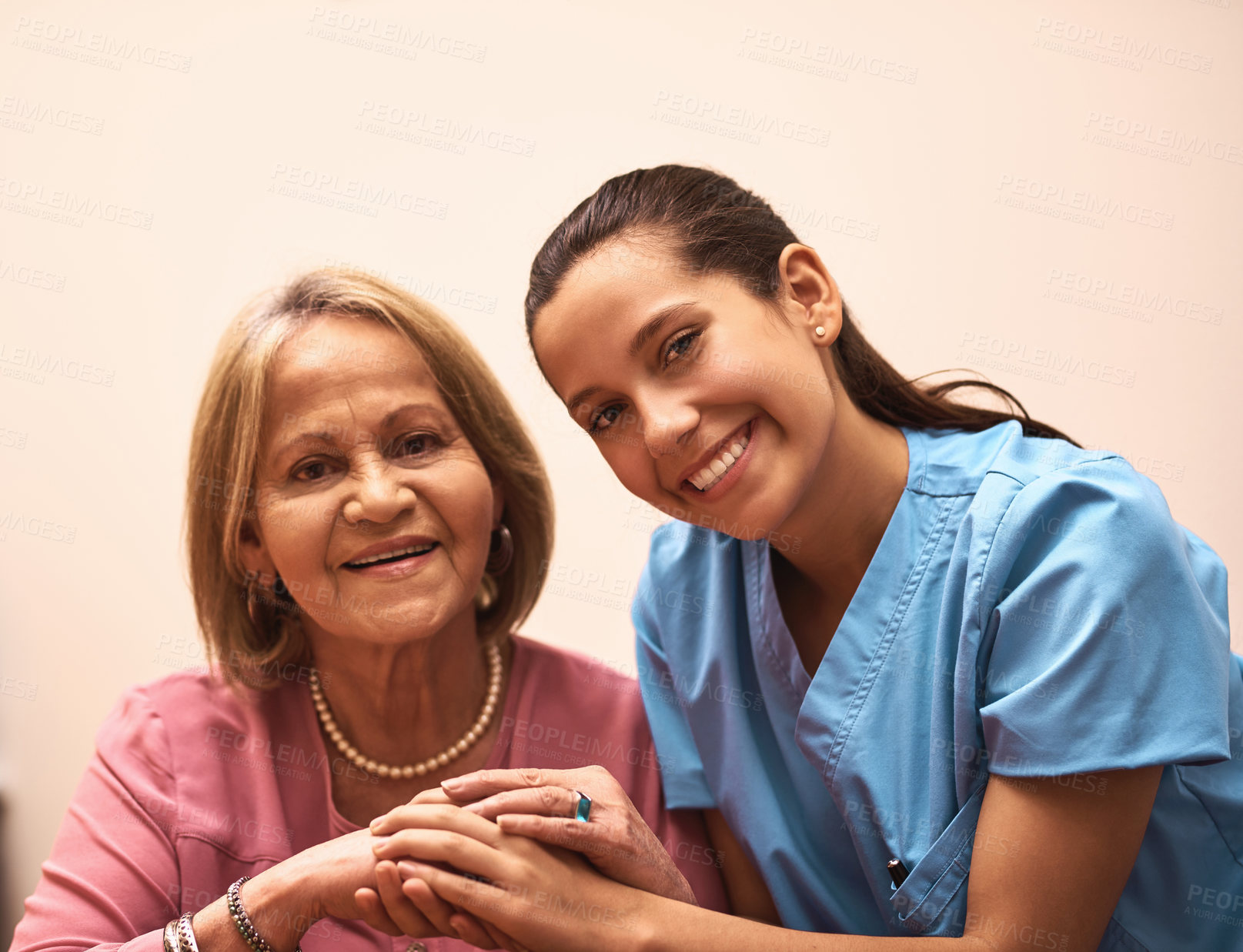 Buy stock photo Support, trust and portrait with nurse and old woman for caregiver, occupational therapy and senior patient. Helping others, volunteer and healthcare with people in retirement home for medicine