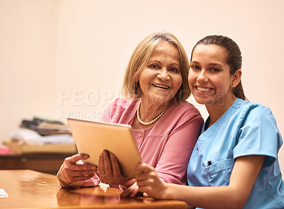 Buy stock photo Tablet, portrait and nurse with senior woman in retirement home with treatment plan for diagnosis. Happy, healthcare and caregiver with elderly patient on digital technology for medical checkup.