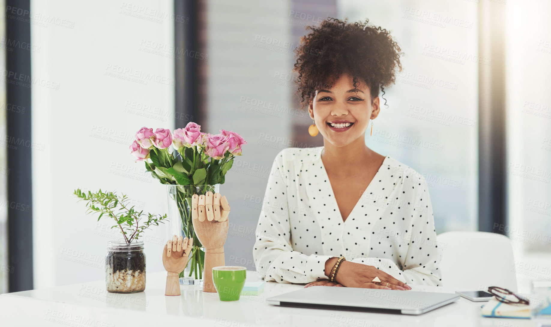 Buy stock photo African woman, smile and portrait in office for business research, networking and project administration. Secretary, technology and happiness in workplace for corporate report, planning or schedule
