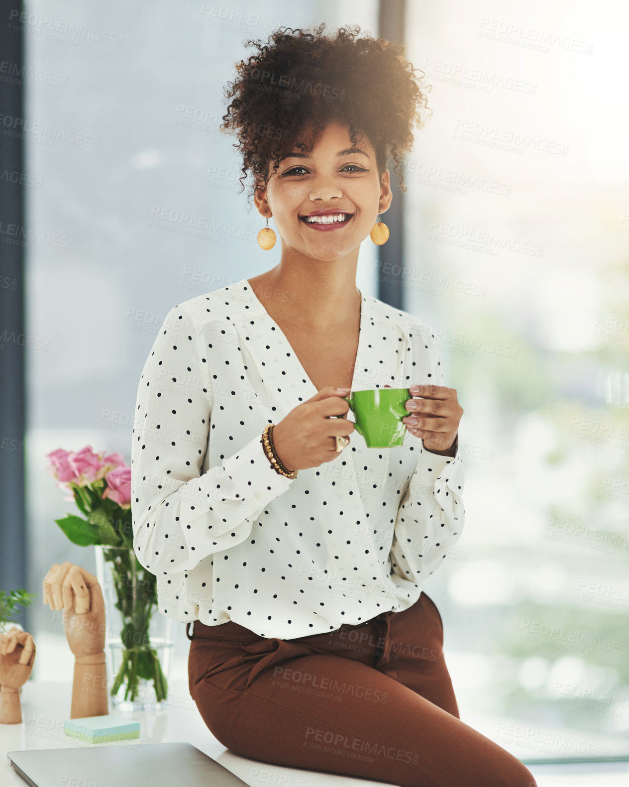 Buy stock photo Cup, portrait and business woman in office for working, beverage and ready for professional career. Workplace, happiness and coffee mug with writer for drinking, caffeine and boost energy for job