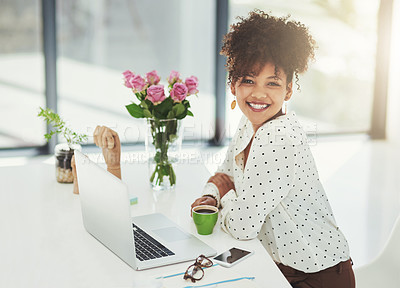 Buy stock photo Black woman, laptop and coffee in office for business research, networking and project administration. Secretary, technology and portrait in workplace for corporate report, planning and schedule
