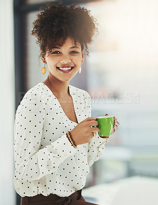 Buy stock photo Beverage, portrait and business woman in office with smile, working and productivity for professional career. Planning, ideas and coffee with designer for drinking, caffeine and boost energy for job