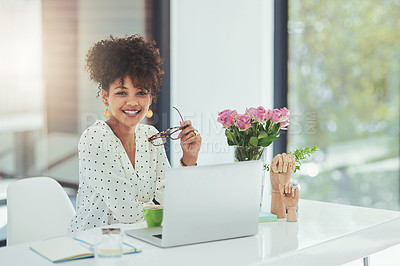 Buy stock photo Workplace, glasses and black woman in portrait with laptop, research and professional career in journalism. Office, female editor and computer with confidence, working and business for publishing