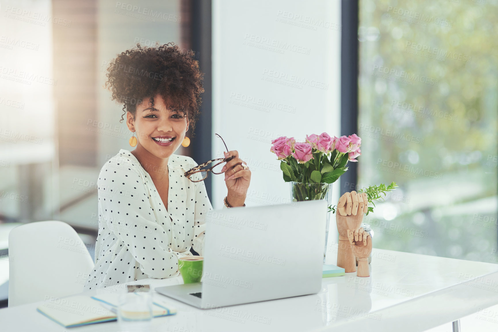 Buy stock photo Workplace, glasses and black woman in portrait with laptop, research and professional career in journalism. Office, female editor and computer with confidence, working and business for publishing