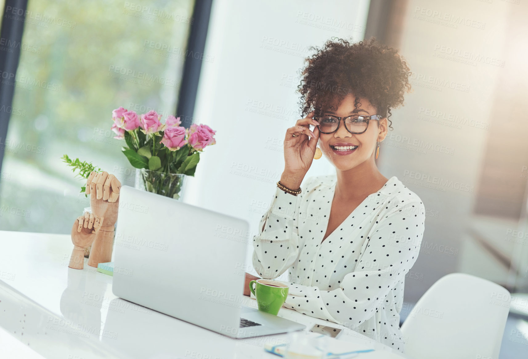 Buy stock photo Office, glasses and black woman in portrait with computer, research and professional career in journalism. Workplace, female editor and laptop with confidence, working and business for publishing