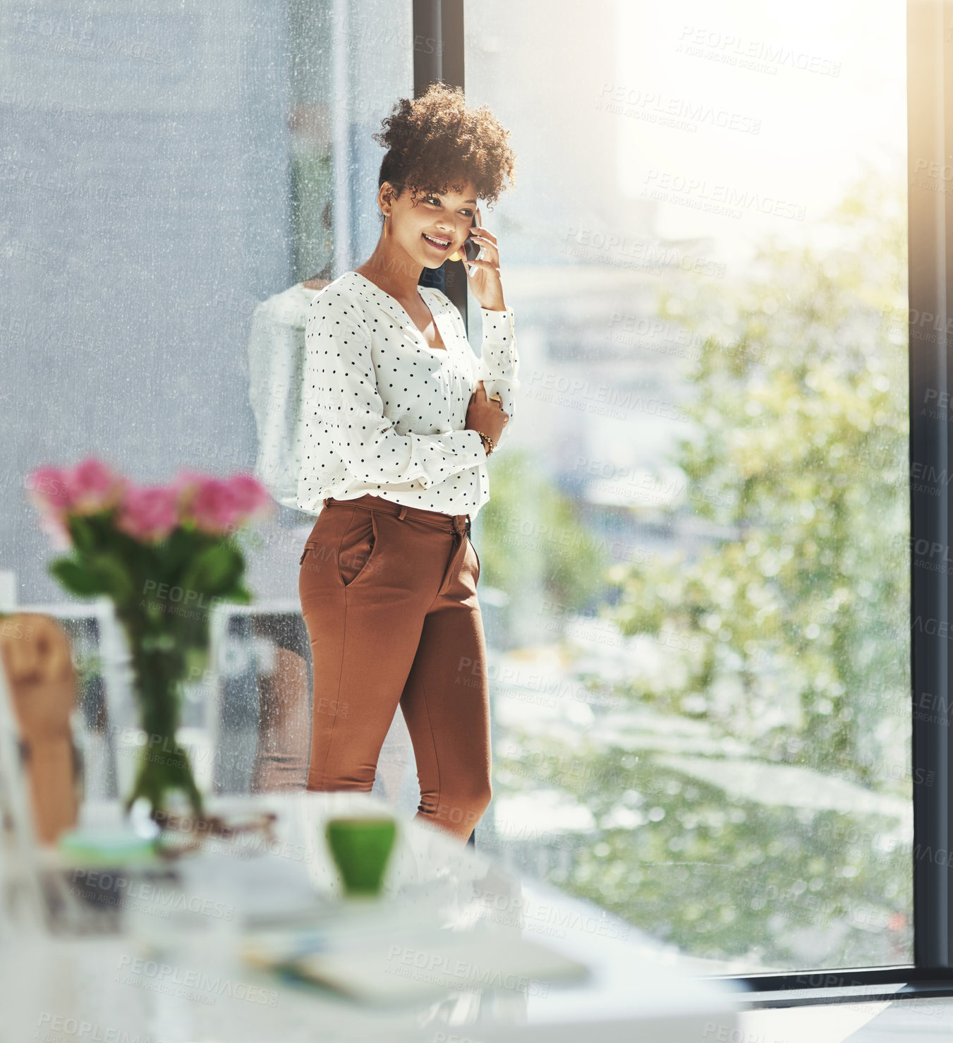 Buy stock photo Black woman, happy and phone call in office for business deal, networking and client negotiation. Financial advisor, smile and smartphone in workplace for corporate advice, investment and consulting
