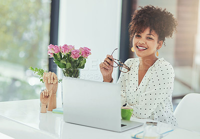 Buy stock photo Workplace, glasses and black woman in portrait with computer, research and professional career in journalism. Office, female editor and laptop with confidence, working and business for publishing