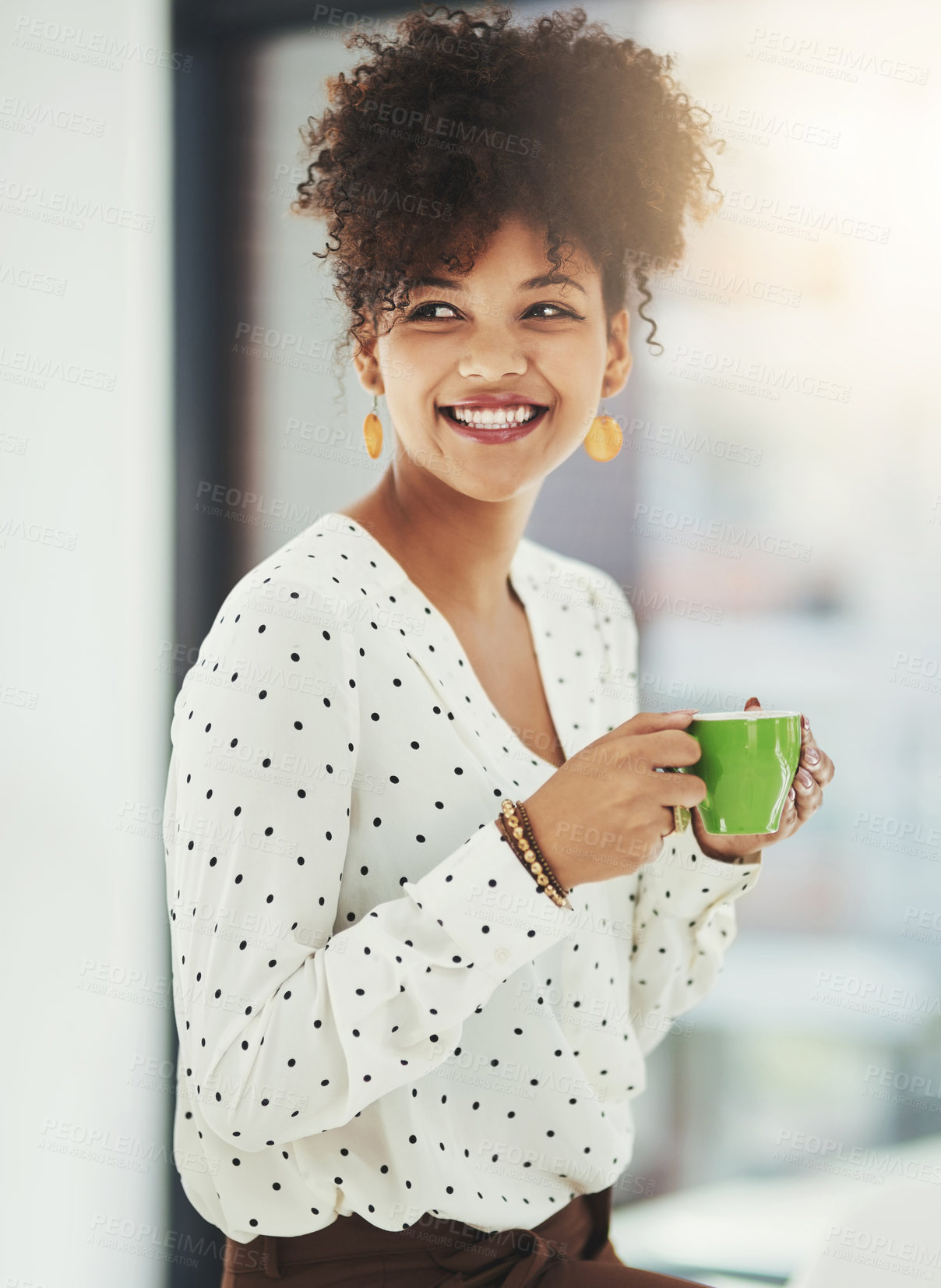 Buy stock photo Coffee, thinking and business woman in office with smile, working and productivity for professional career. Workplace, ideas and espresso with designer for drinking, caffeine and boost energy for job