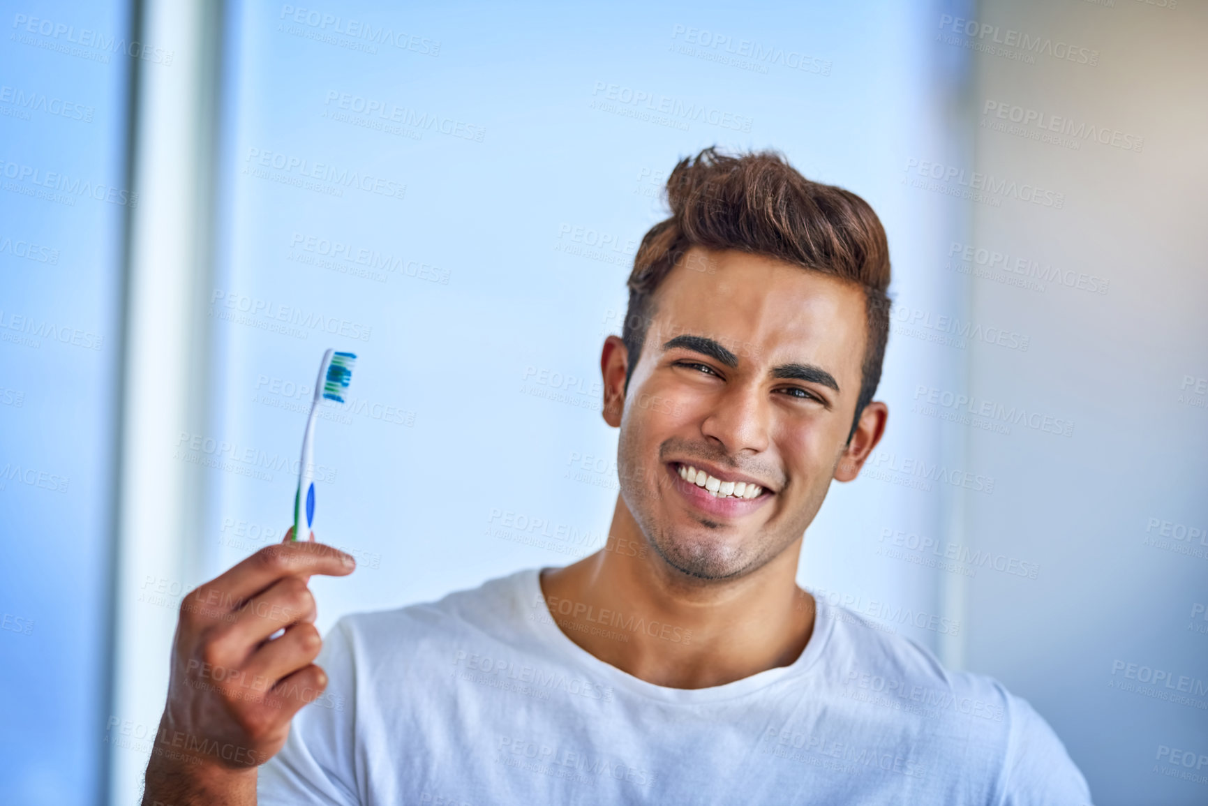 Buy stock photo Portrait, man and happy with toothbrush at bathroom for dental care, gum health and hygiene. Male person, home and smile with confidence for grooming, fresh breath and oral routine for whitening