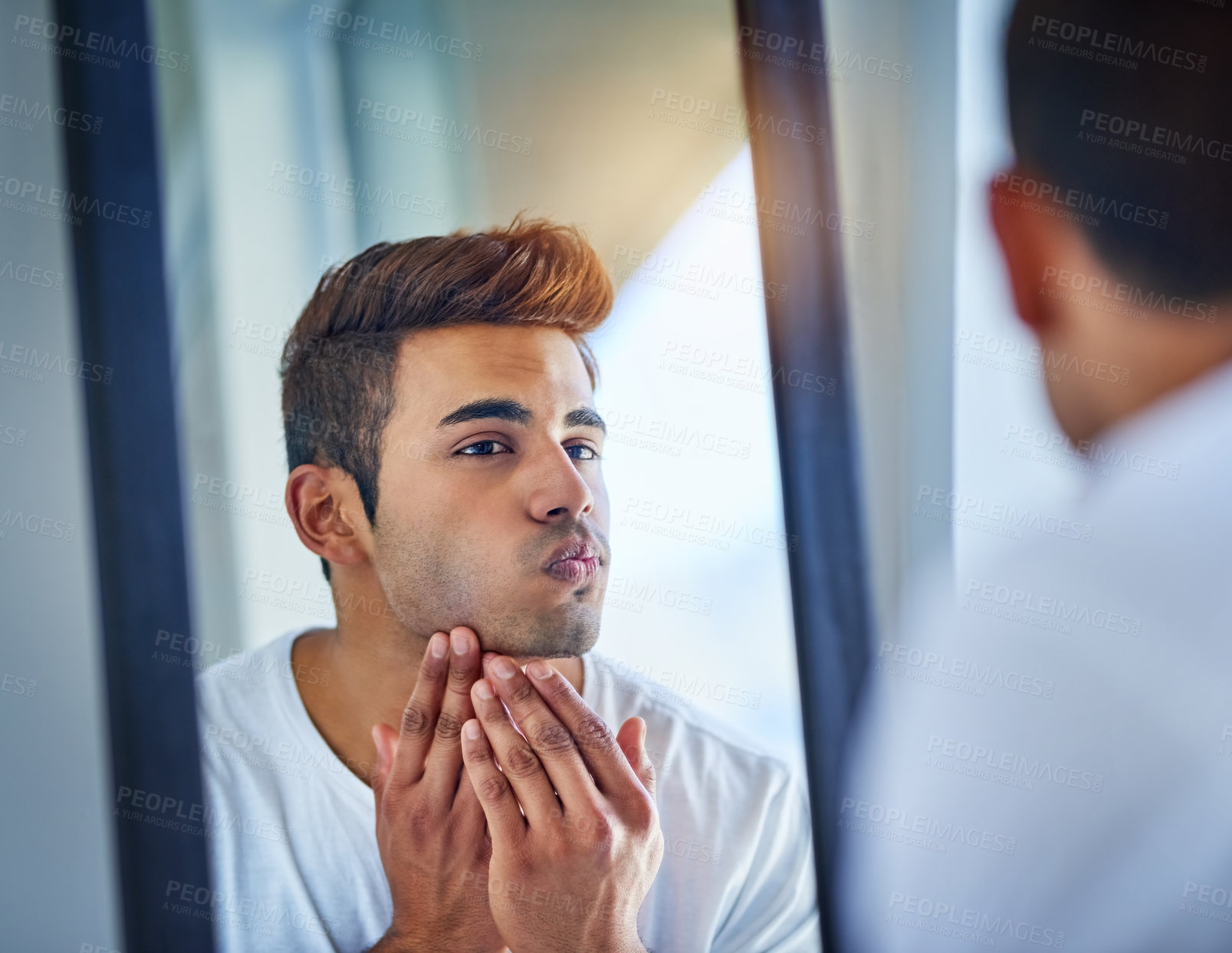 Buy stock photo Man, check and mirror for skincare in bathroom with morning routine, acne inspection and facial cleaning. Male person, reflection and dry skin with dermatology, scratch results and treatment at house