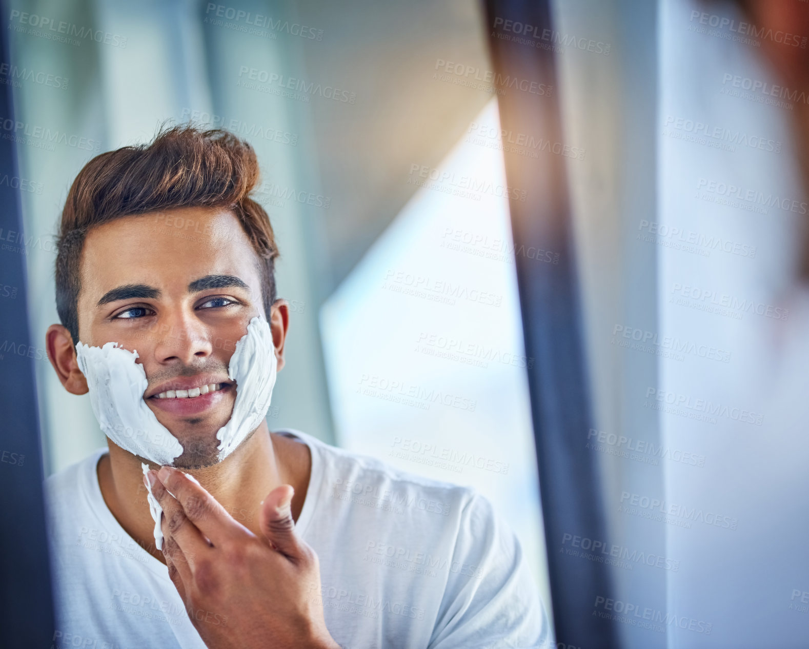 Buy stock photo House, mirror and man with shaving foam, dermatology and morning routine for beard. Person, bathroom and guy with reflection, treatment and cream for self care, personal hygiene and clean facial hair