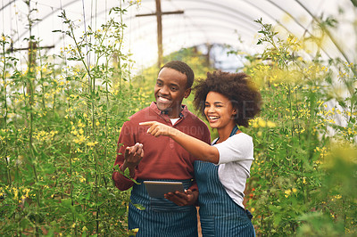 Buy stock photo Cropped shot of young farm couple using a tablet while checking their crops