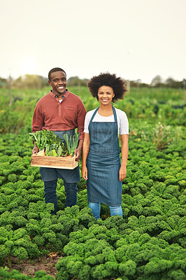Buy stock photo Full length portrait of a handsome young male farmer carrying a crate of fresh produce while standing next to his wife