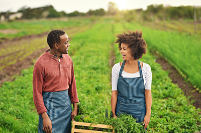 Buy stock photo Cropped shot of a young farm couple carrying a crate of fresh produce