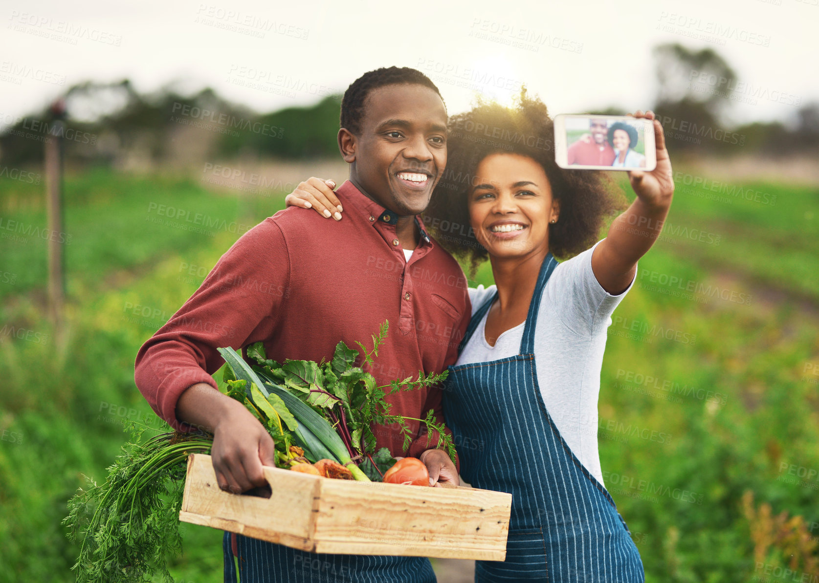 Buy stock photo Man, woman and farmer with selfie for agriculture, profile picture or social media on eco blog. Black people, mobile screen or agro business for green environment, sustainable or entrepreneurship