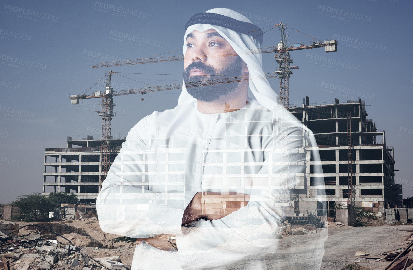 Buy stock photo Studio shot of a young muslim businessman against a building construction background