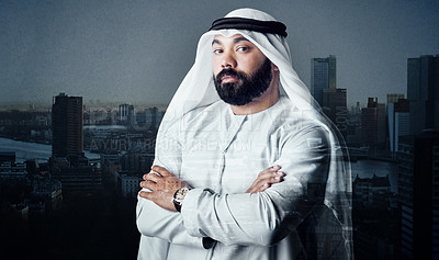 Buy stock photo Studio shot of a young muslim businessman against a cityscape background