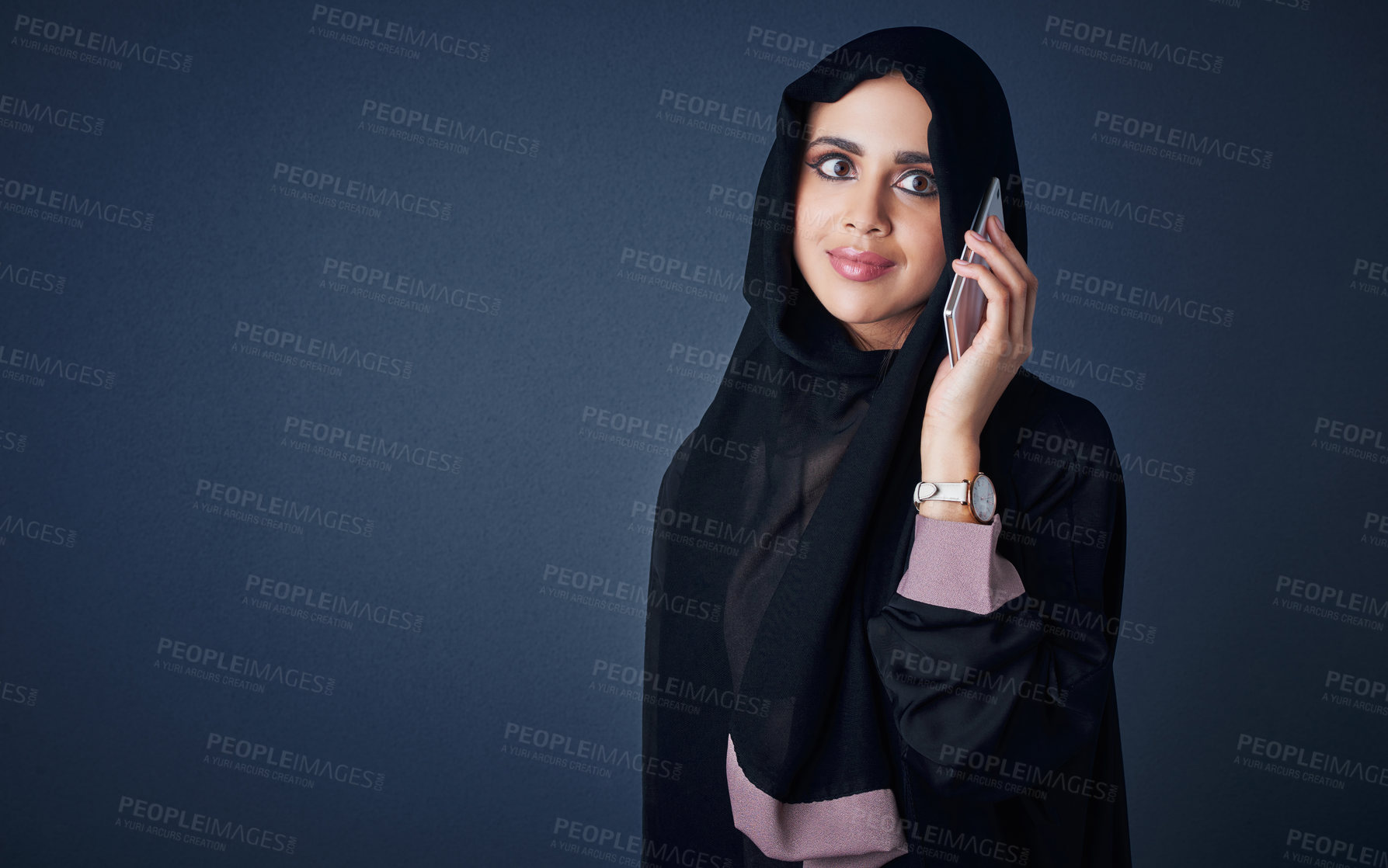Buy stock photo Phone call, Muslim or woman in studio with chat, agenda change or online connection for project. Happy, mockup space or Arabic employee with tech, schedule update or communication in report feedback.