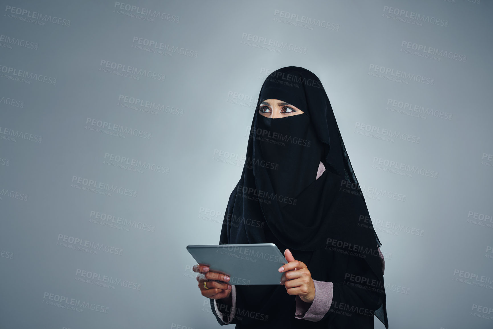 Buy stock photo Tablet, ideas and muslim woman with burka in studio with research or contact for ramadan on app. Digital technology, space and islamic female person with communication online by gray background.