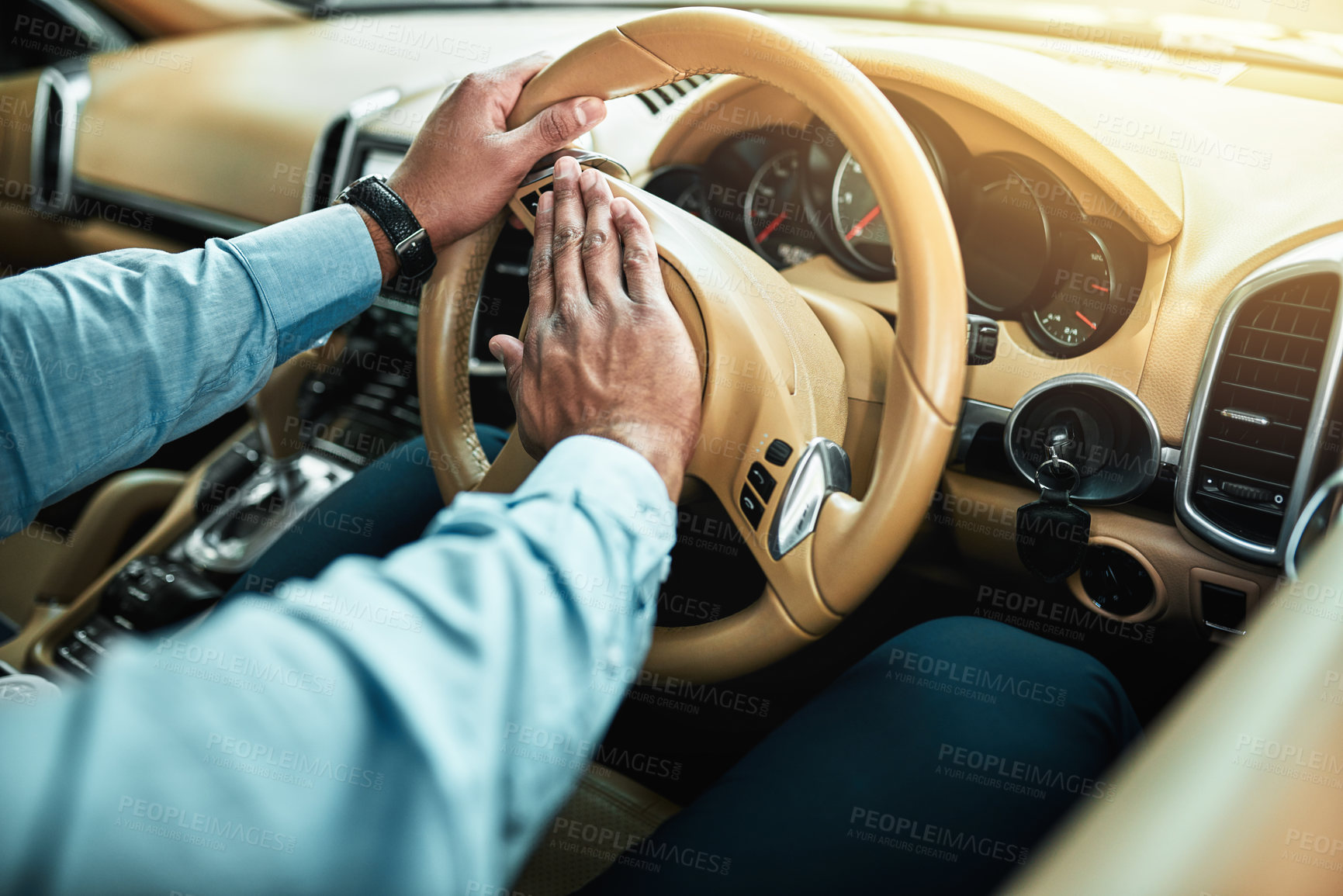 Buy stock photo Pressing, hands and driving in car, travel and attention in traffic jam with hooter and steering wheel. Transport, commuting and person in rush, impatient and annoyed of delay on road and vehicle