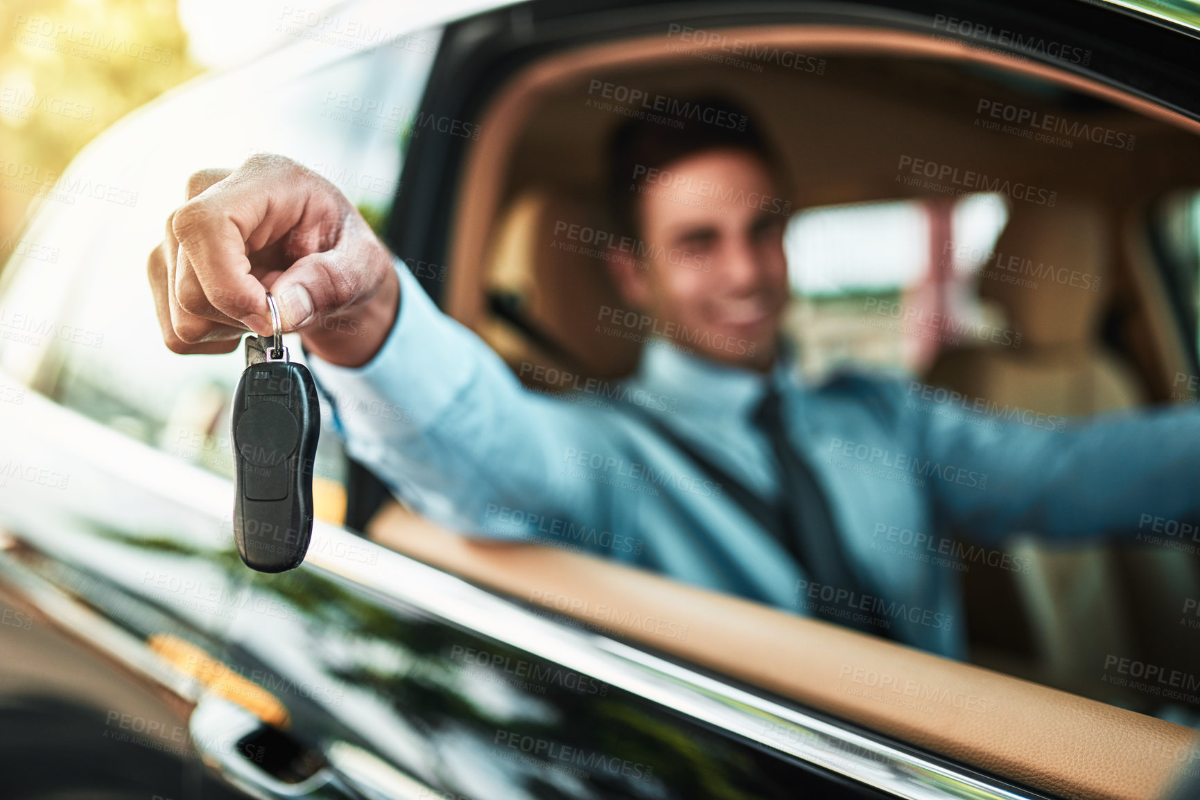 Buy stock photo Businessman, keys and hand in new car for travel, purchase or test drive journey. Salesman, smile and rental for showroom, demo and automobile deal for driving service and transportation lease