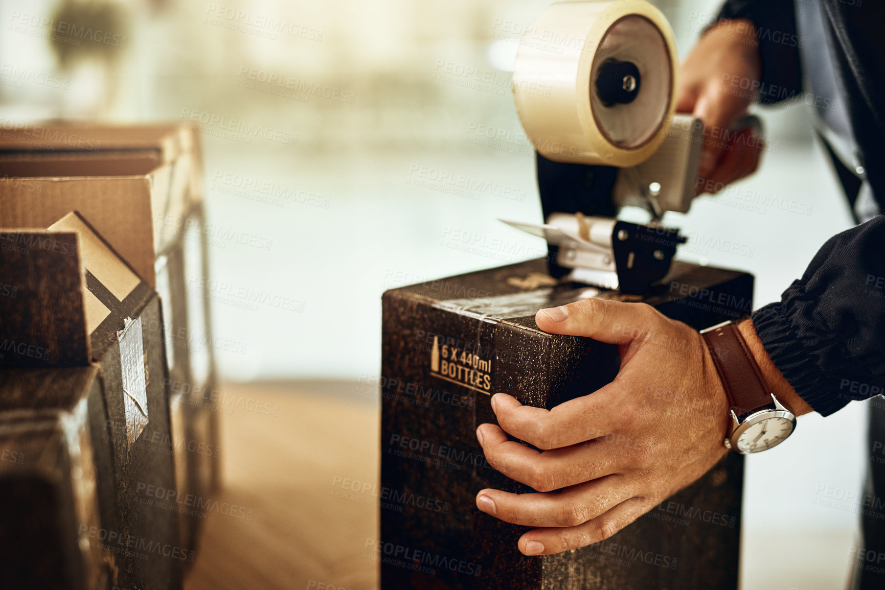 Buy stock photo Man, tape and hands on box for delivery, postage service and brewery industry in small business. Shipping order, commercial beer or seller in alcohol production warehouse sealing for packaging parcel