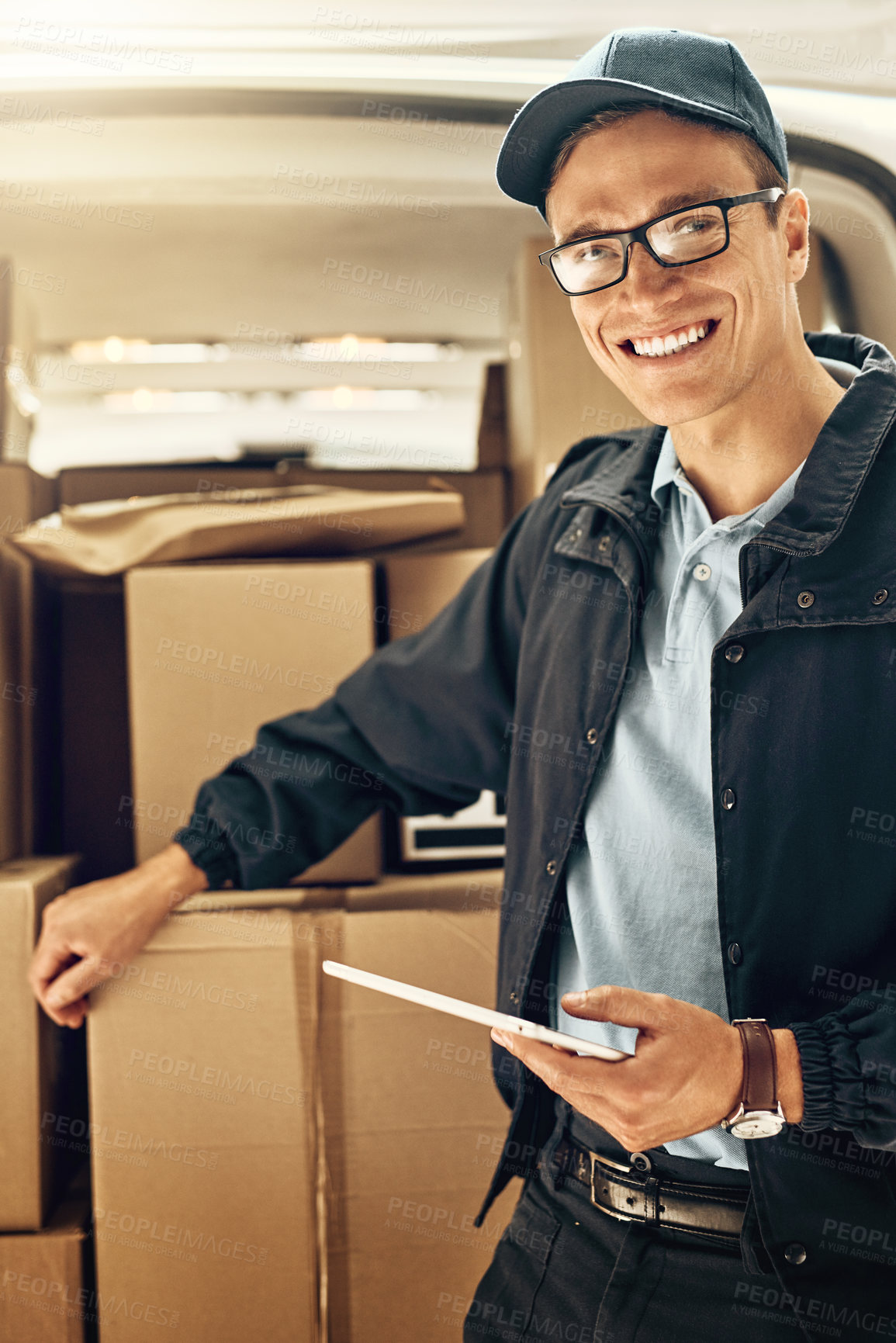 Buy stock photo Delivery man, tablet and package in van with portrait, stock or inventory for product, supply chain or shipping. Person, driver and courier on touchscreen for app, cargo or transport for boxes in car