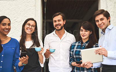 Buy stock photo Portrait of a cheerful creative business team having a meeting and drinking coffee while looking at the camera outside