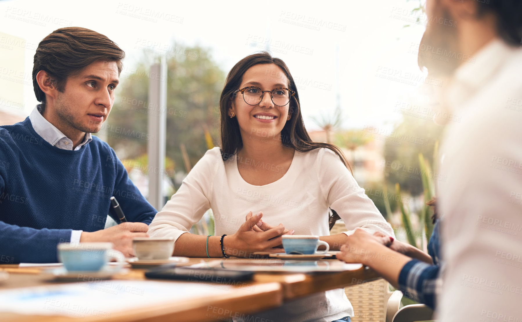 Buy stock photo Team, meeting and group of business people in cafe for coffee sales representative, b2b management and planning. Caffeine supplier, product specialist and market trends with employee in restaurant