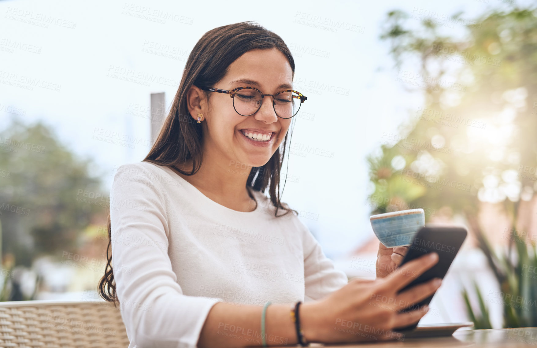 Buy stock photo Woman, outdoor and phone for typing at cafe, surfing social media and check email for opportunity. Female person, drinking coffee and relax at restaurant, hospitality service and reading article