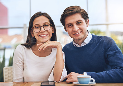 Buy stock photo Portrait, meeting and business people in cafe for coffee with sales representative, teamwork or smile. Caffeine supplier, product specialist and man with happy woman in restaurant for startup project