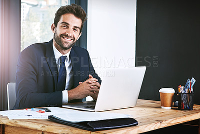 Buy stock photo Computer, portrait and business man in office, happy planning, accounting review or finance mindset with website. Face of professional person, financial expert or accountant working on laptop tech