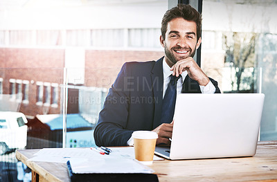 Buy stock photo Laptop, portrait and business man in office, happy planning, online research or project management on web software. Smile, corporate and face of professional person working, startup job and computer
