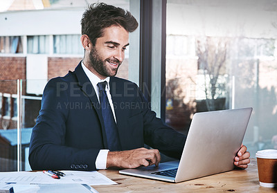 Buy stock photo Laptop, planning and business man reading email, working on website or financial research in office. Data analysis, finance or internet software of professional accountant or happy person on computer