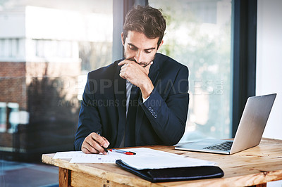 Buy stock photo Business man, documents and thinking of accounting, financial report or budget solution, revenue and spreadsheet. Idea, problem solving and accountant or person with paperwork, taxes or data analysis