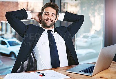 Buy stock photo Portrait, laptop and businessman stretching for break in office, paperwork and document on table. Contract or agreement and consultant with new opportunity, deal or computer to connect in workplace