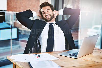 Buy stock photo Relax, laptop and businessman stretching for break in office, paperwork and document on table. Contract or agreement and consultant with new opportunity, deal or computer to connect in workplace