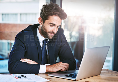 Buy stock photo Office, thinking and businessman browsing on laptop for business deal research, reading and paperwork on table. Career, consultant or male person with computer for tech, connectivity and working