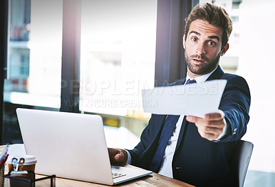 Buy stock photo Portrait, serious and businessman giving paper for work project, completion and deadline of task. Male manager, present and document exchange for information sharing or instructions for activities.
