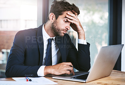 Buy stock photo Business man, stress and headache on laptop fail, news or bankruptcy, finance report and corporate budget risk. Crisis, problem and mistake, burnout or pain of accountant person reading on computer